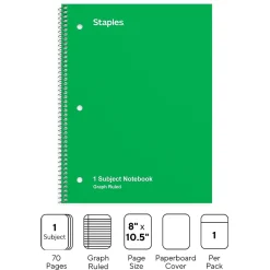 Notebooks|Staples 1-Subject Notebook, 8" x 10.5", Graph Ruled, 70 Sheets, (ST23987C) Green