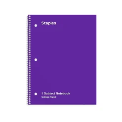Subject Notebooks|Staples 1-Subject Notebook, 8" x 10.5", College Ruled, 70 Sheets, (TR27501) Purple