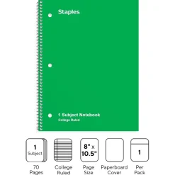 Subject Notebooks|Staples 1-Subject Notebook, 8" x 10.5", College Ruled, 70 Sheets, (TR27502) Green