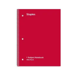 Subject Notebooks|Staples 1-Subject Notebook, 8" x 10.5", Wide Ruled, 70 Sheets, , 48 Notebooks/Carton (27497CT) Assorted Colors