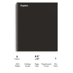Subject Notebooks|Staples 5-Subject Notebook, 8.5" x 11", College Ruled, 200 Sheets, Black (TR58363)