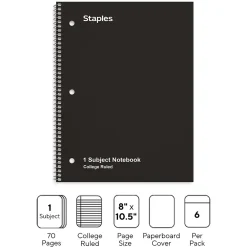 Subject Notebooks|Staples 1-Subject Notebook, 8" x 10.5", College Ruled, 70 Sheets, Black, 6/Pack (TR58374)
