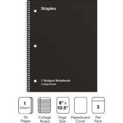 Subject Notebooks|Staples 1-Subject Notebook, 8.5" x 10.5", College Ruled, 70 Sheets, Black, 3/Pack (ST58373)