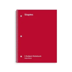 Subject Notebooks|Staples 3-Subject Notebook, 8" x 10.5", Wide Ruled, 120 Sheets, Assorted Colors, 3/Pack (TR11669)