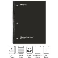 Subject Notebooks|Staples 1-Subject Notebooks, 8" x 10.5", Wide Ruled, 70 Sheets, (ST24001C) Black
