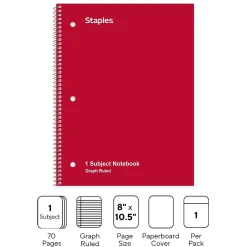 Subject Notebooks|Staples 1-Subject Notebooks, 8" x 10.5", Graph Ruled, 70 Sheets, (ST23984C) Red