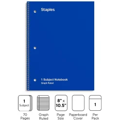 Subject Notebooks|Staples 1-Subject Notebooks, 8" x 10.5", Graph Ruled, 70 Sheets, (ST23985C) Blue
