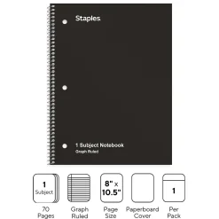 Subject Notebooks|Staples 1-Subject Notebooks, 8" x 10.5", Graph Ruled, 70 Sheets, (ST23986C) Black