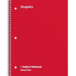 Subject Notebooks|Staples 1-Subject Notebooks, 8" x 10.5", College Ruled, 70 Sheets, Assorted Colors (ST54891C)