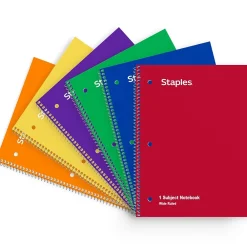 Subject Notebooks|Staples 1-Subject Notebooks, 8" x 10.5", Wide Ruled, 70 Sheets, Assorted Colors, 6/Pack (ST11667C)