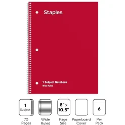 Subject Notebooks|Staples 1-Subject Notebooks, 8" x 10.5", Wide Ruled, 70 Sheets, Assorted Colors, 6/Pack (ST11667C)