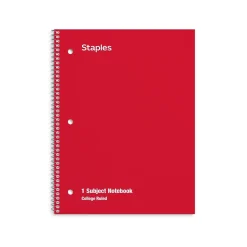 Subject Notebooks|Staples 1-Subject Notebooks, 8" x 10.5", College Ruled, 70 Sheets, Assorted Colors, 48/Pack (10871)