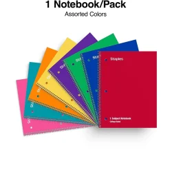 Subject Notebooks|Staples 1-Subject Notebooks, 8" x 10.5", College Ruled, 70 Sheets, Assorted Colors, 48/Pack (10871)