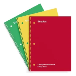 Subject Notebooks|Staples 1-Subject Notebooks, 8" x 10.5", College Ruled, 70 Sheets, Assorted Colors, 3/Pack (ST58375C)