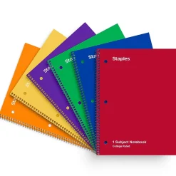 Subject Notebooks|Staples 1-Subject Notebooks, 8" x 10.5", College Ruled, 70 Sheets, Assorted Colors, 6/Pack (ST58376C)