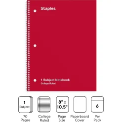 Subject Notebooks|Staples 1-Subject Notebooks, 8" x 10.5", College Ruled, 70 Sheets, Assorted Colors, 6/Pack (ST58376C)