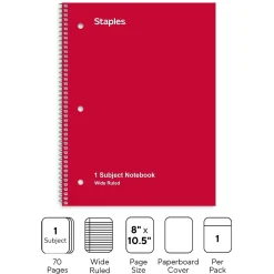 Subject Notebooks|Staples 1-Subject Notebooks, 8" x 10.5", Wide Ruled, 70 Sheets (ST54893C) Assorted Colors