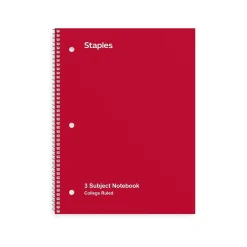 Subject Notebooks|Staples ® 3-Subject Subject Notebooks, 8.5" x 11", College Ruled, 150 Sheets, Assorted (27524M)