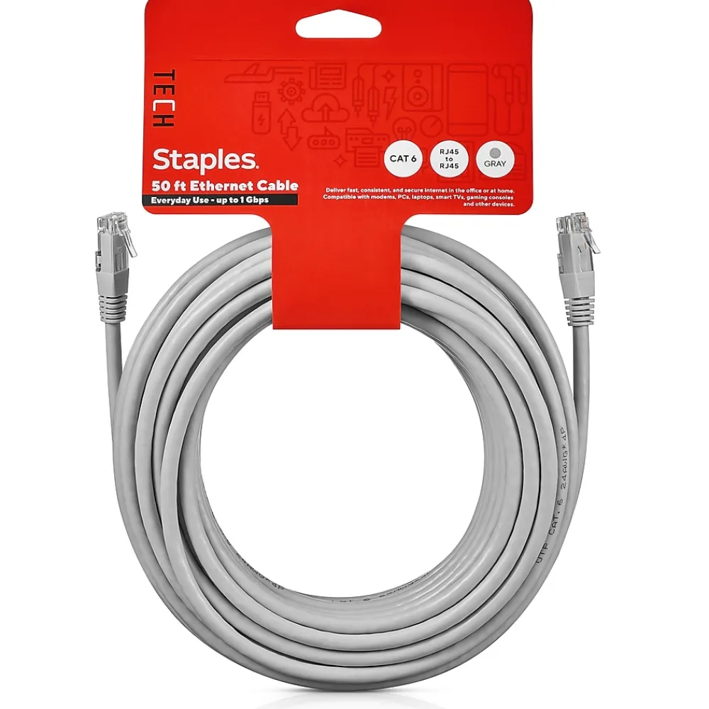 Staples TECH 50' Cat-6 Ethernet Cable, Male to Male, Gray (ST62447)