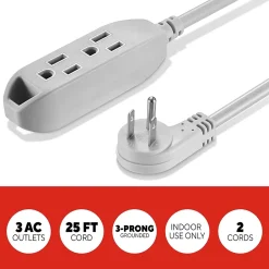 Staples TECH 25' Extension Cord, 3-Outlet, 16 AWG, Gray, 2/Pack (ST62346)