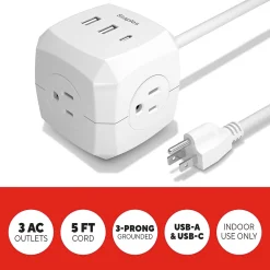 Staples TECH 5' Extension Cord, 3-Outlet, 14 AWG, White (ST62348)