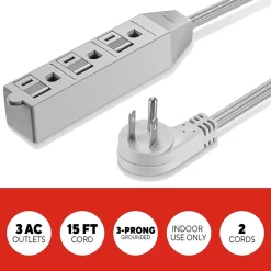 Staples TECH 15' Extension Cord, 3-Outlet, 16 AWG, Gray, 2/Pack (ST62347)