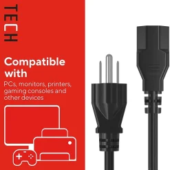 Staples TECH 6 ft. AC Power Cord, Male to Male, Black (ST62398)