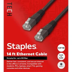 Staples TECH 14 ft. Cat 5E Ethernet Cable, Male to Male, Gray (ST62449)