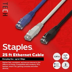 Staples TECH 25 ft. Cat-6 Ethernet Cable, Male to Male, Assorted Colors, 3/Pack (ST62460)