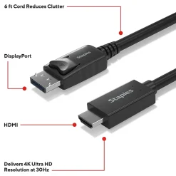 Staples TECH 6 ft. Display Port to HDMI Audio/Video Cable, Male to Male, Black (ST62466)