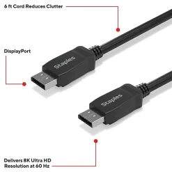 Staples TECH 6 ft. Display Port to Display Port Audio/Video Cable, Male to Male, Black (ST62474)