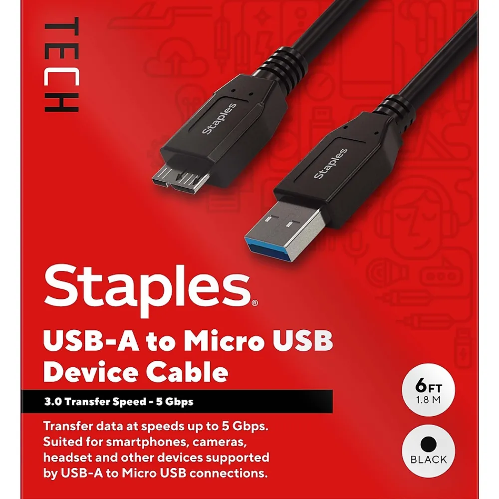Staples TECH 6 ft. USB-A to Micro USB Type B Cable, Male to Male, Black (ST62441)