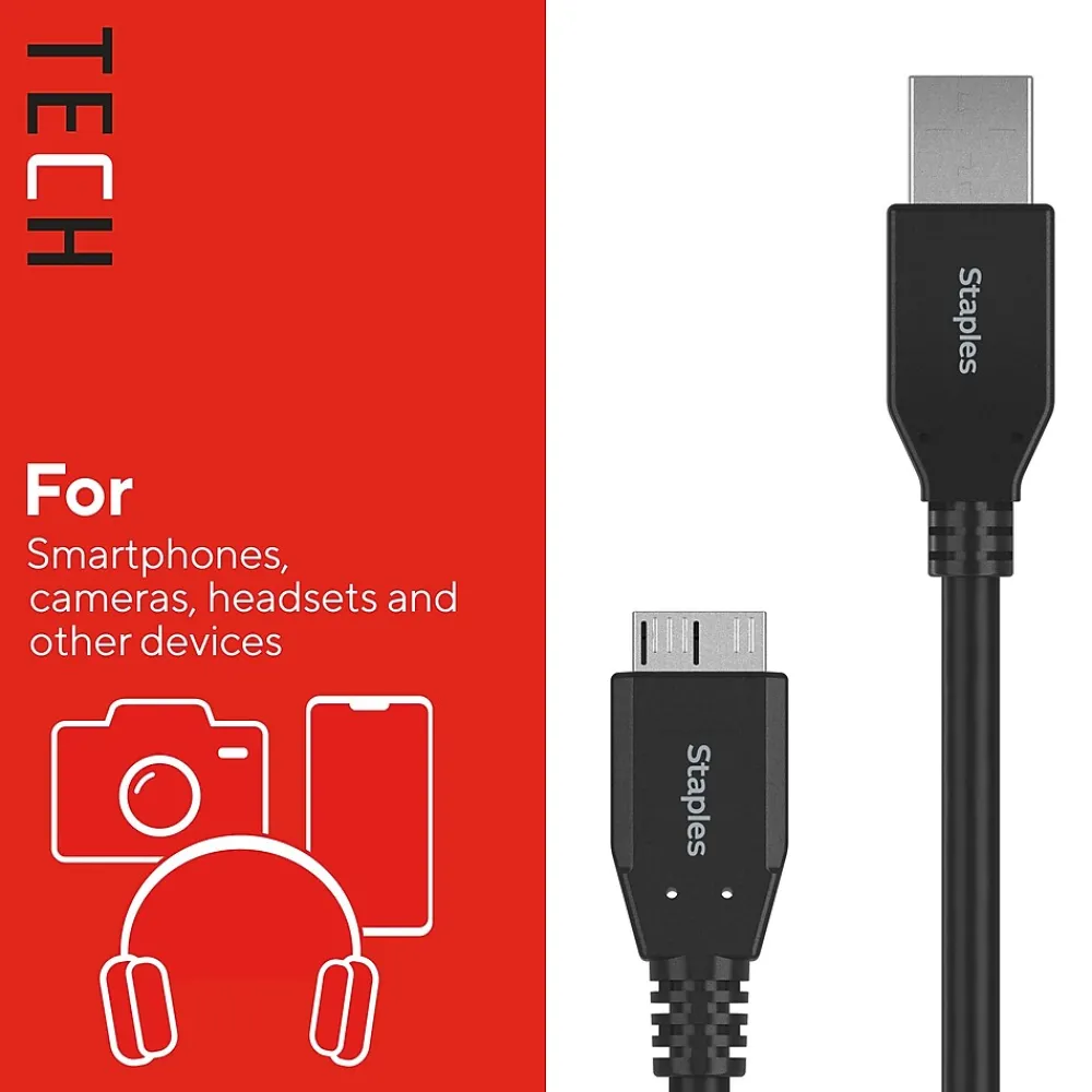 Staples TECH 6 ft. USB-A to Micro USB Type B Cable, Male to Male, Black (ST62441)