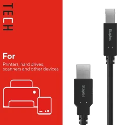 Staples TECH 6 ft. USB-A to USB-B 2.0 Cable, Male to Male, Black (ST62438)