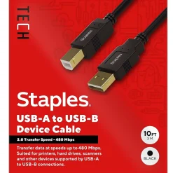 Staples TECH 10 ft. USB-A to USB-B 2.0 Cable, Male to Male, Black (ST62443)