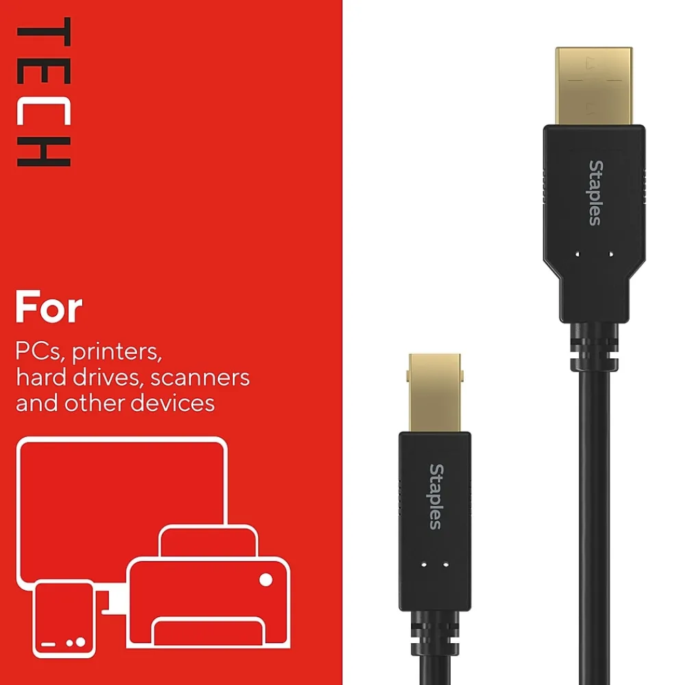 Staples TECH 10 ft. USB-A to USB-B 2.0 Cable, Male to Male, Black (ST62443)