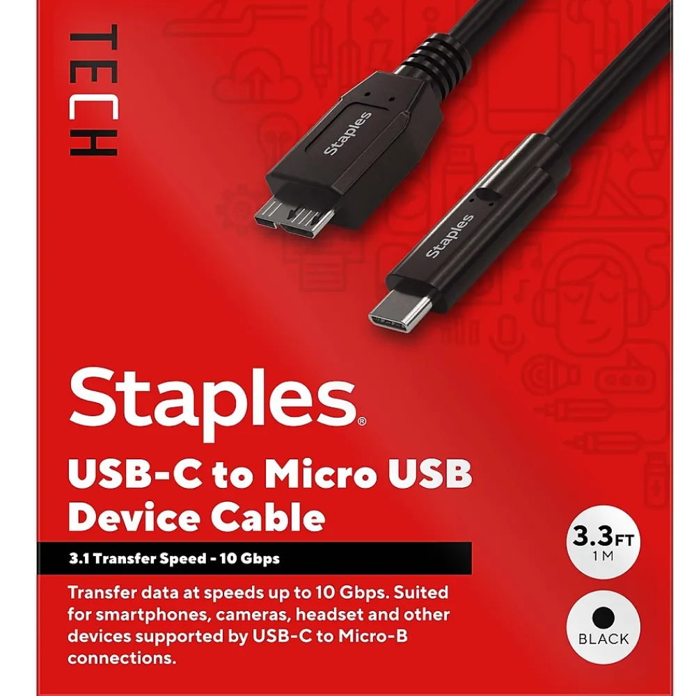 Staples TECH 3.3 ft. USB-C to Micro USB Type-B Audio/Video Cable, Male to Male, Black (ST62445)