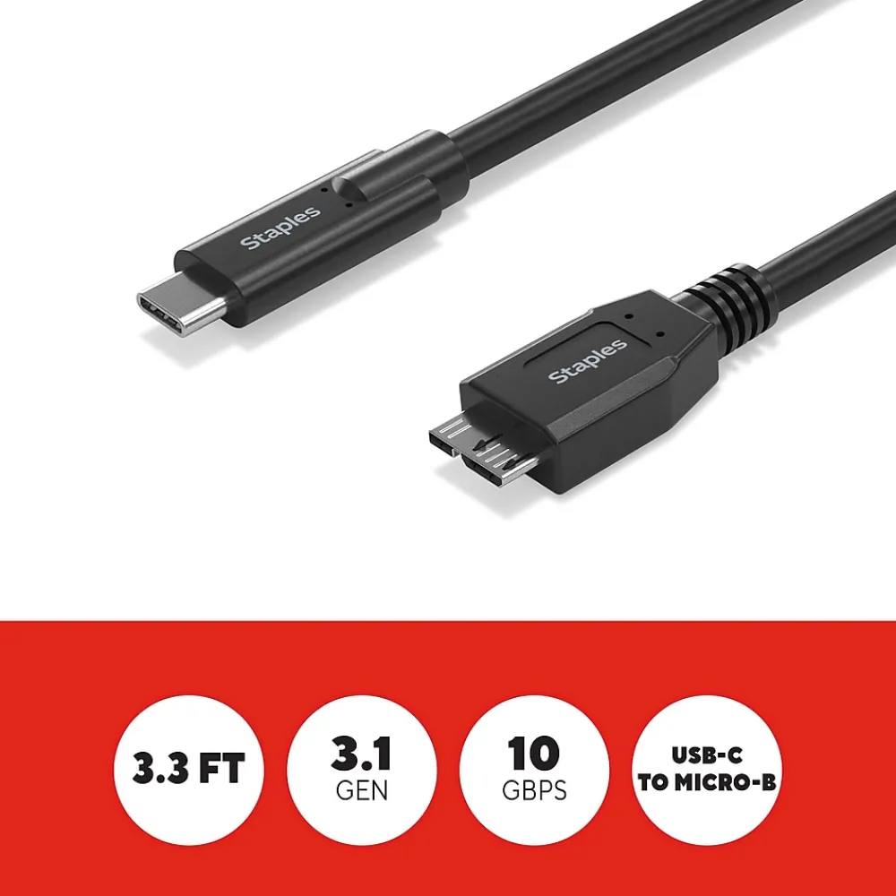 Staples TECH 3.3 ft. USB-C to Micro USB Type-B Audio/Video Cable, Male to Male, Black (ST62445)