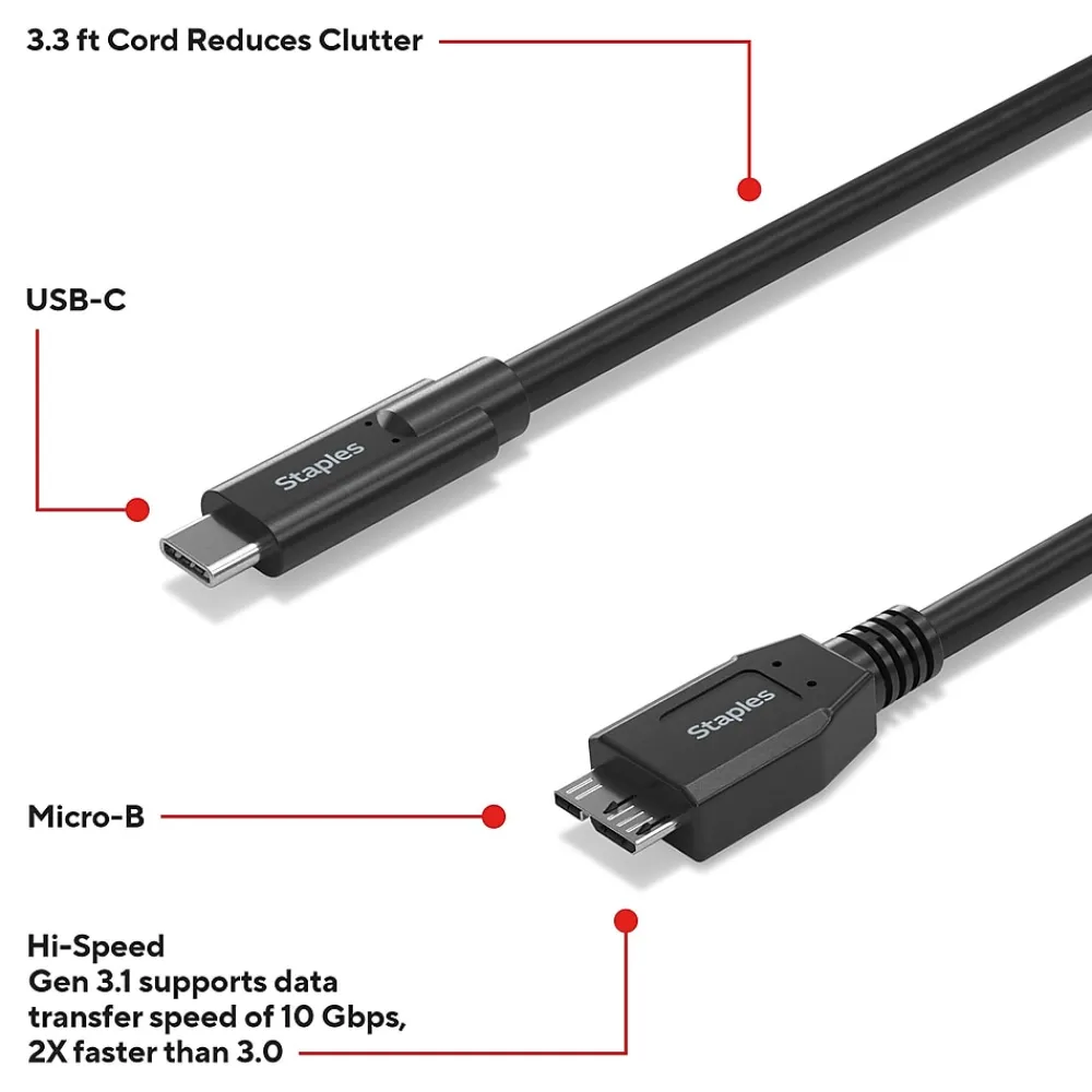 Staples TECH 3.3 ft. USB-C to Micro USB Type-B Audio/Video Cable, Male to Male, Black (ST62445)