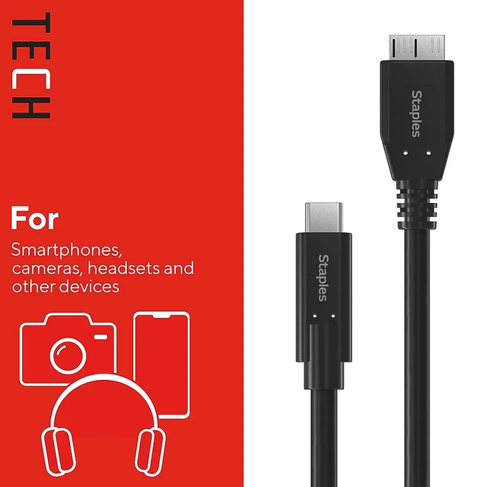 Staples TECH 3.3 ft. USB-C to Micro USB Type-B Audio/Video Cable, Male to Male, Black (ST62445)