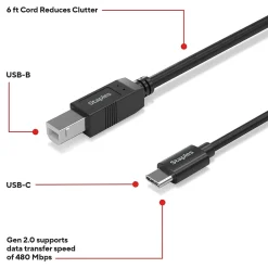 Staples TECH 6 ft. USB-C to USB-B 2.0 Cable, Male to Male, Black (ST62444)