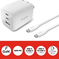 GaN USB-A/USB-C Wall Charger with Cable, 65W, White (ST62326)<Staples TECH