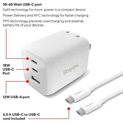 GaN USB-A/USB-C Wall Charger with Cable, 65W, White (ST62326)<Staples TECH Sale