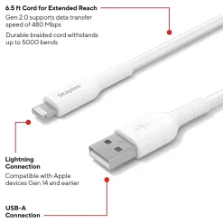 Lightning to USB-A Charging Cable, 6.6 ft., White (ST62331)<Staples TECH
