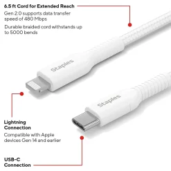 Lightning to USB-C Charging Cable, 6.5 ft., White (ST62333)<Staples TECH Hot