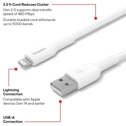 Lightning to USB-A Charging Cable, 3.3 ft., White, 2/Pack (ST62330)<Staples TECH Hot