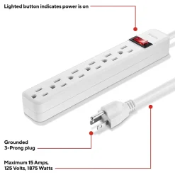 Staples TECH 6-Outlet Power Strip, 3' Cord, White, 3/Pack (42319)