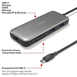 Staples TECH 8-Port Hub, Gray (ST62383)
