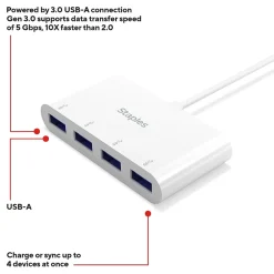 Staples TECH 4-Port USB 3.0 Hub, White (ST62380)