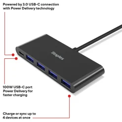 Staples TECH 4-Port USB 3.0 Hub, Black (ST62372)